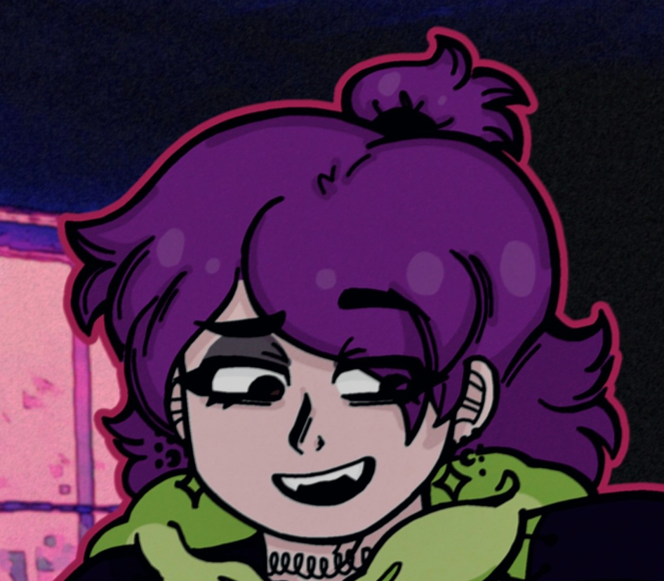 A cartoon girl dressed in alt fashion smirking with a fanged smile