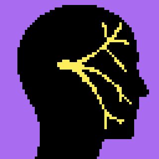 A black side profile depicting the trigeminal nerve in yellow pixel art